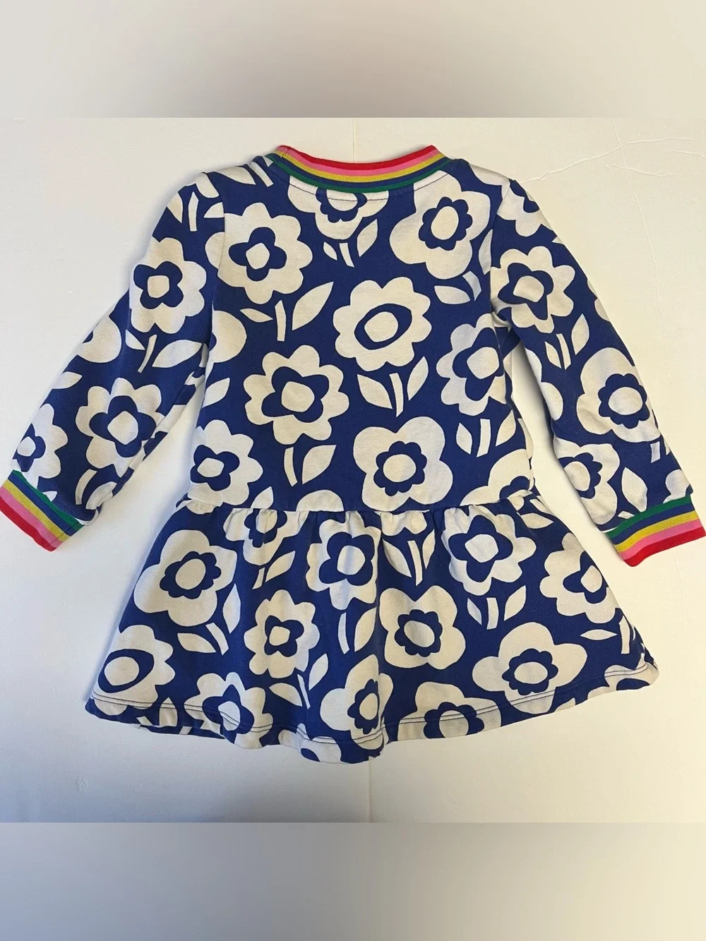 Mini Boden Girls Dress 3-4Y Fit & Flare Blue White Floral Rainbow Trim
